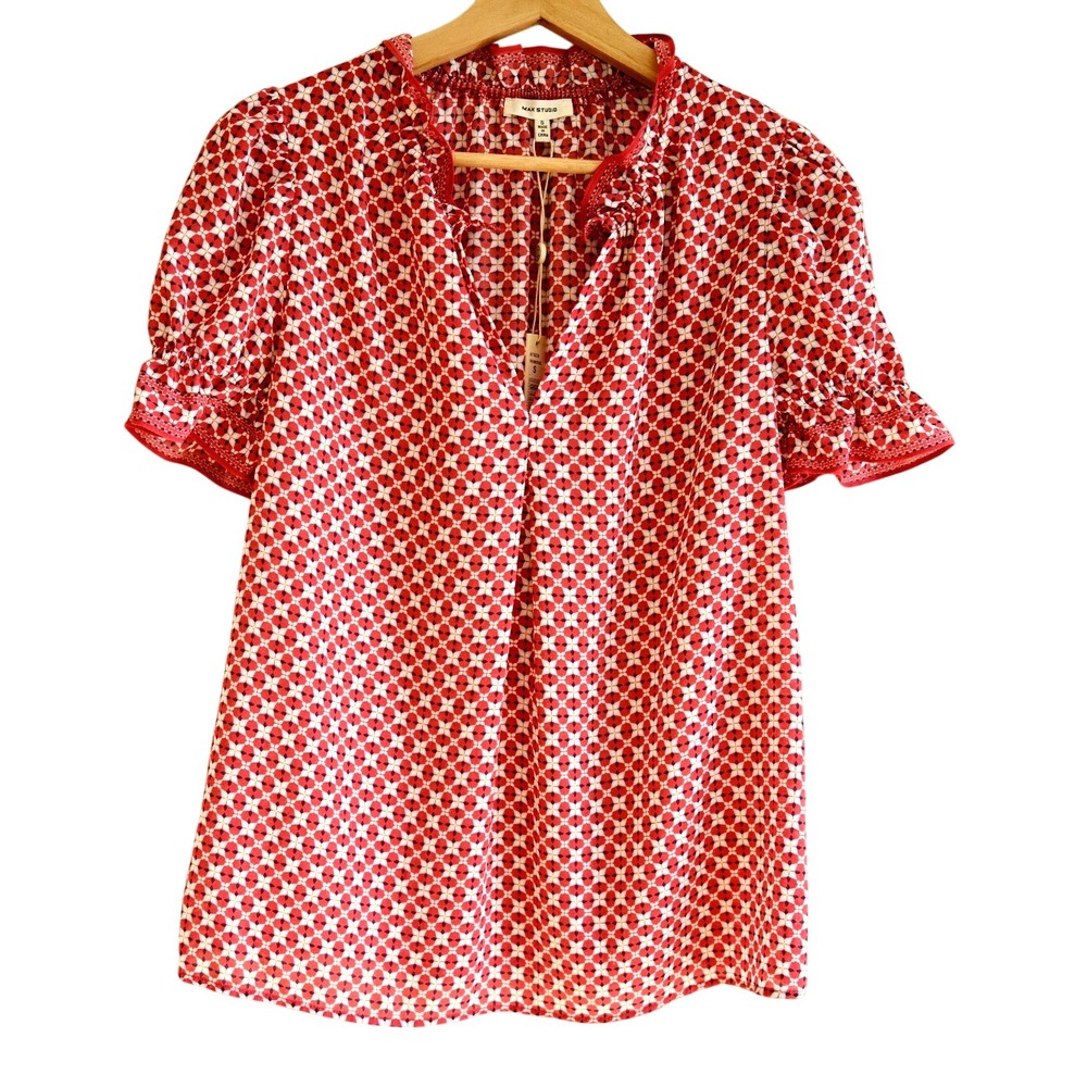 Max Studio Red V-Neck Ruffle Blouse S Boho‎ NWT Flutter Sleeve Peasant Top